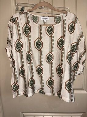 eesome Cream Blouse with Green and Brown Leaf Stripe Print